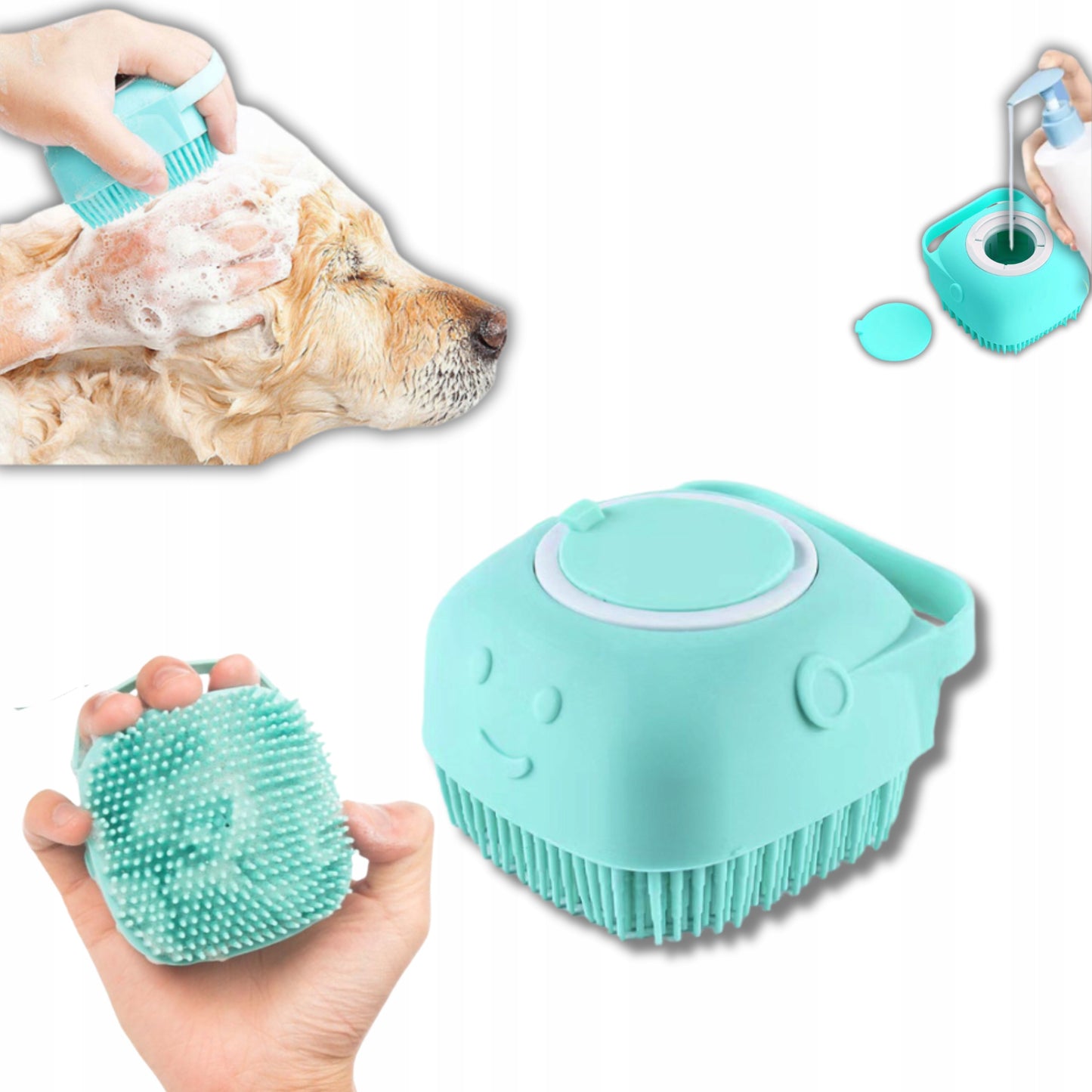Szczotka do mycia sierści dla psa, kota, królika z dozownikiem na szampon - niebieska