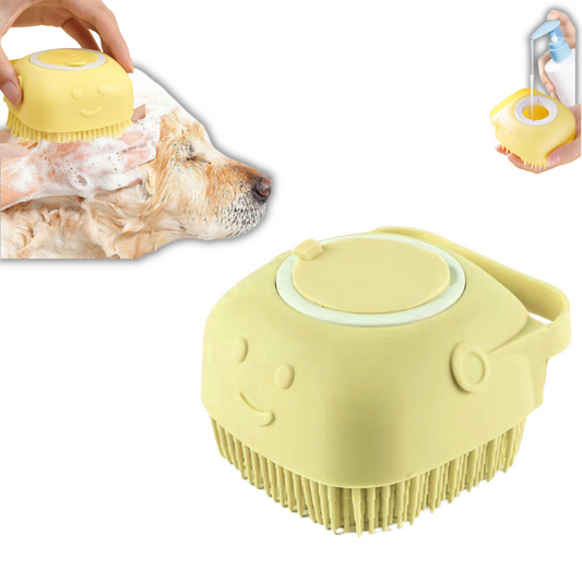 Szczotka do mycia sierści dla psa, kota, królika z dozownikiem na szampon - żółta